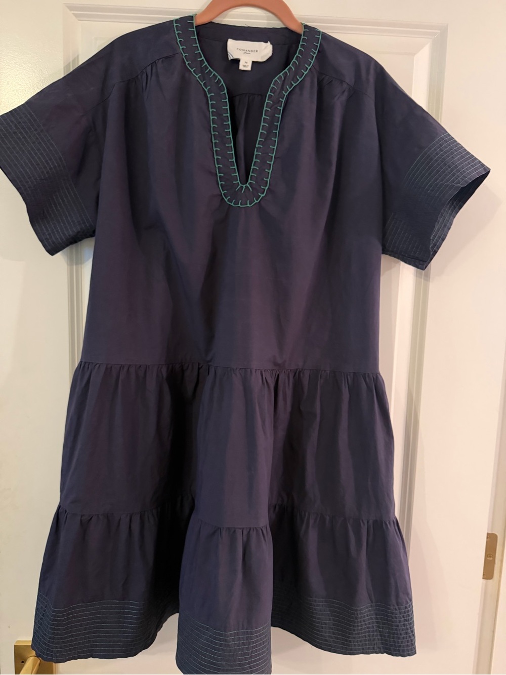 Pomander Place Tuckernuck Navy Tiered Dress with Teal Stitching size medium